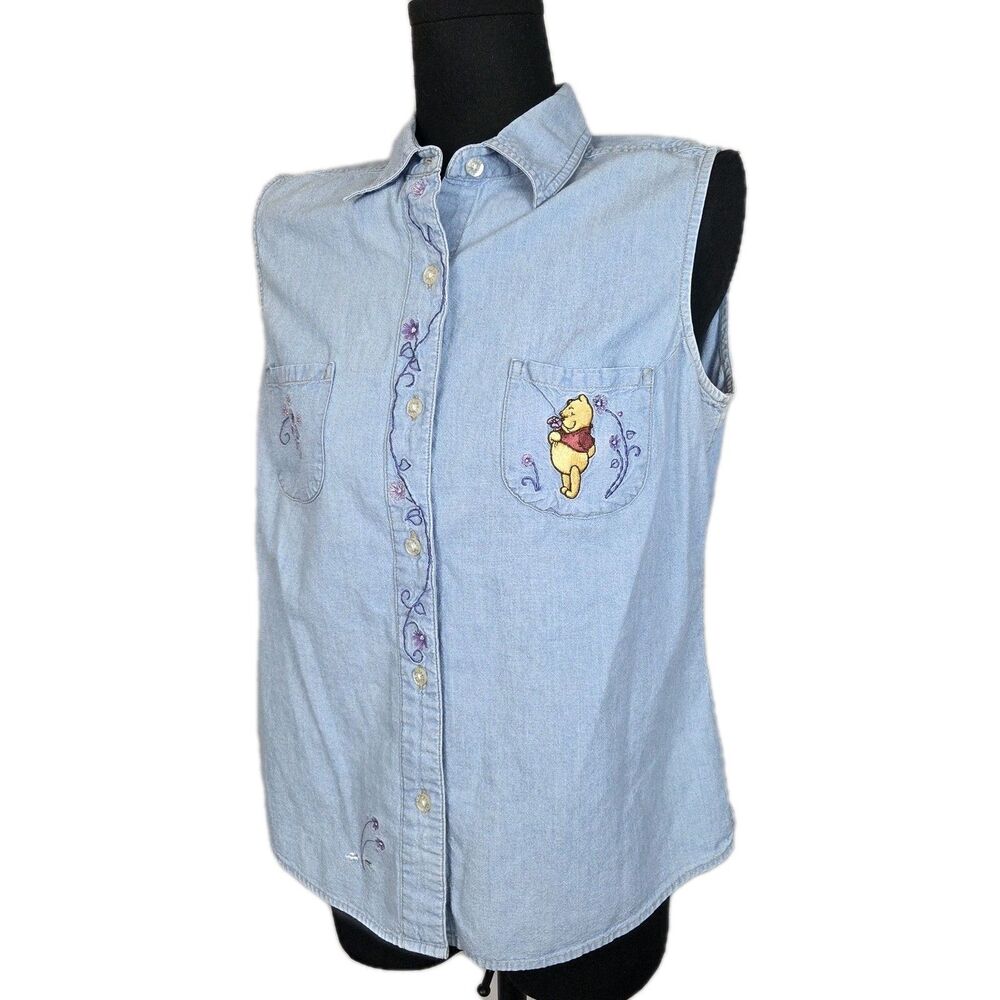 Vtg 90s Disney Store Winnie the Pooh Embroidered Chambray Shirt Button Up Sz M